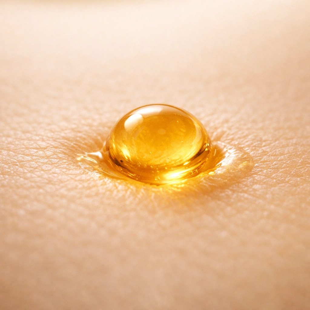 Close-up of golden tallow oil merging with the skin to support a healthy, non-clogging lipid barrier.