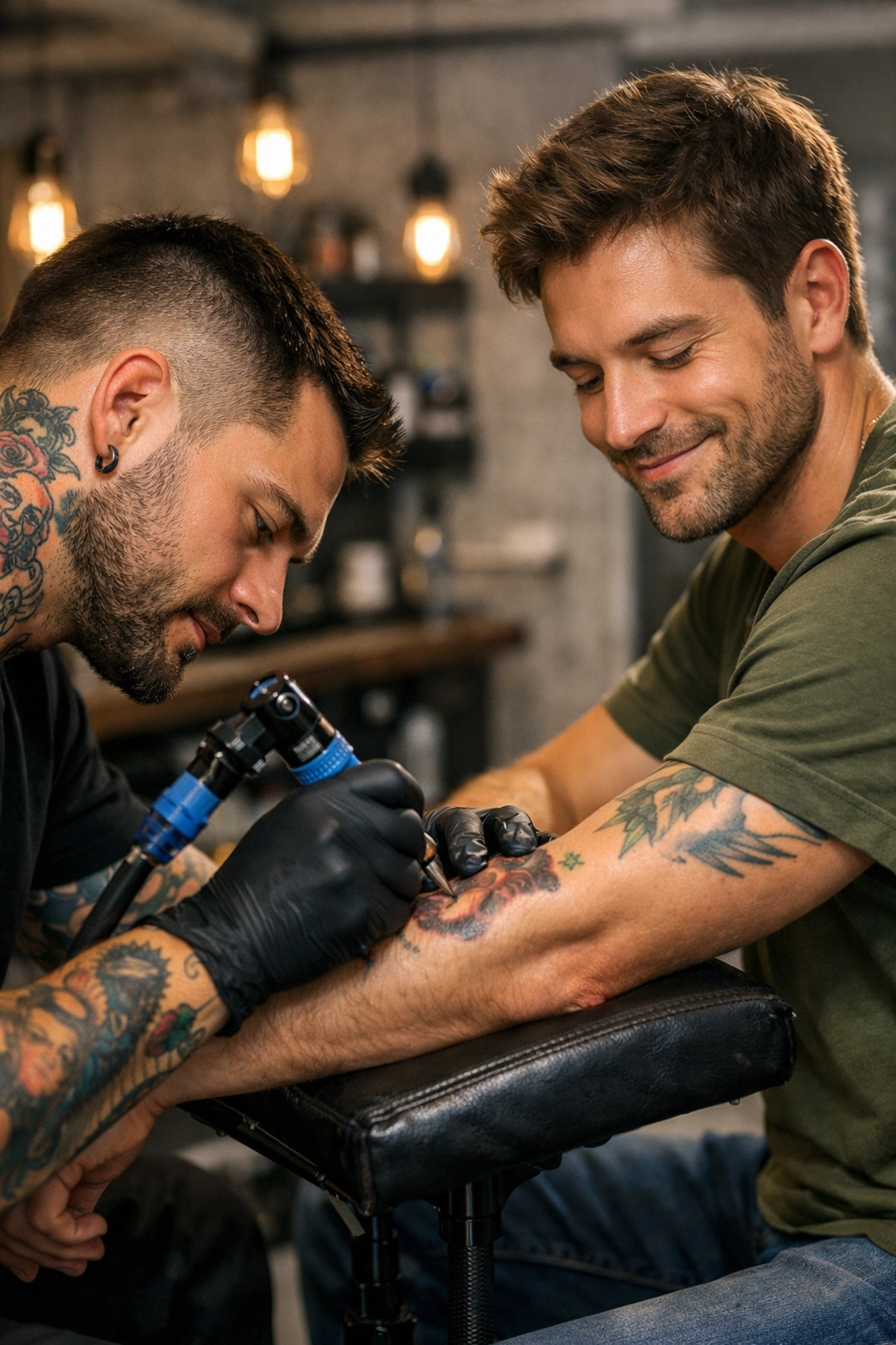 A tattoo artist inking a man's arm, representing self-discovery and a new bond in a contemporary MM romance.