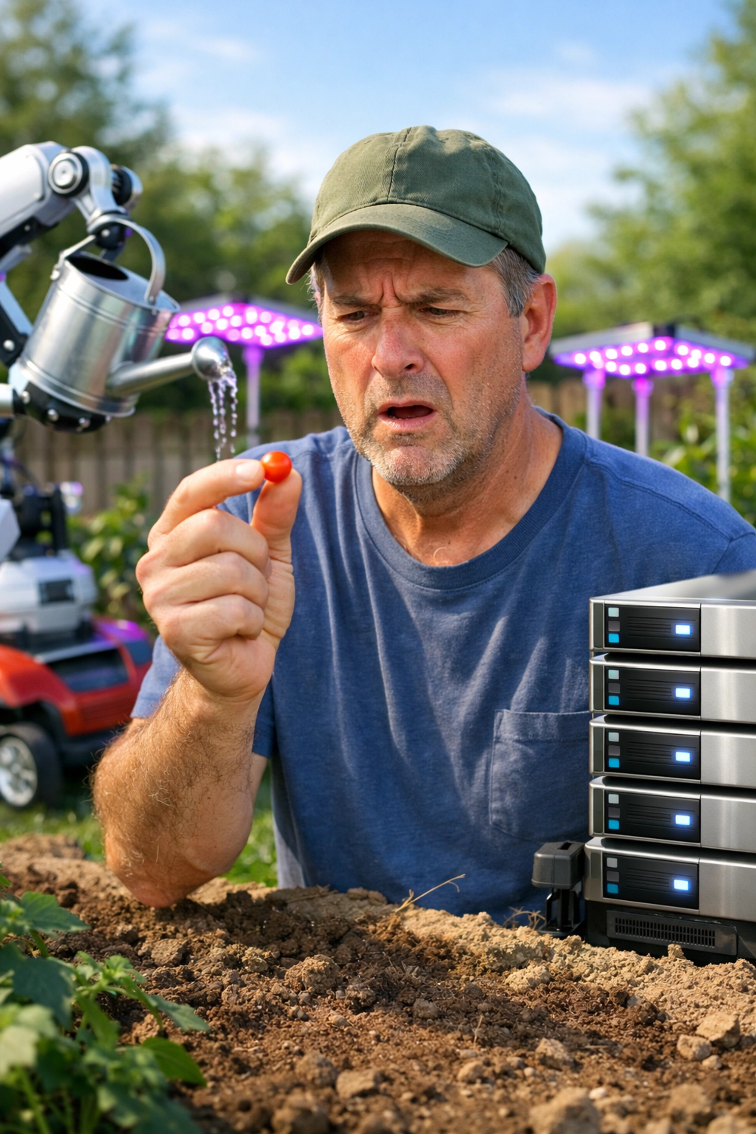 A man holding a tiny tomato surrounded by expensive high-tech gear, representing high AI investment costs.
