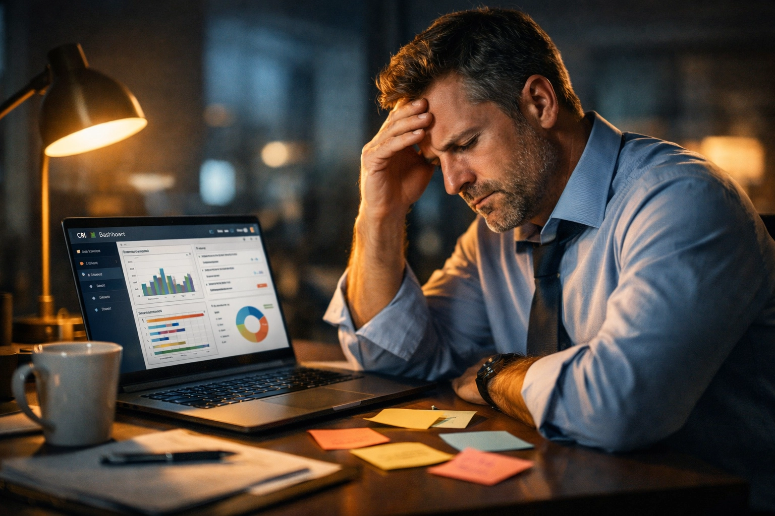 Financial advisor overwhelmed with admin work and CRM tasks at desk