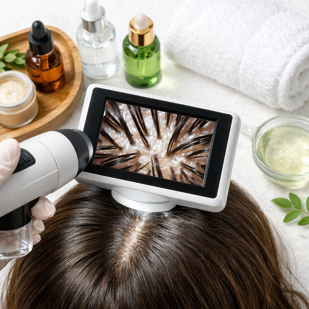 Professional scalp treatment analysis with luxury hair care serums and products