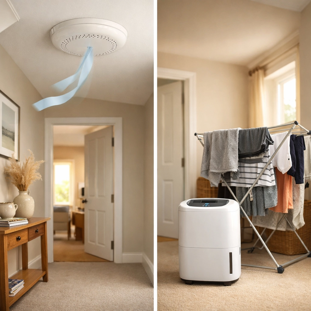 PIV ceiling vent and dehumidifier side by side showing different moisture control methods