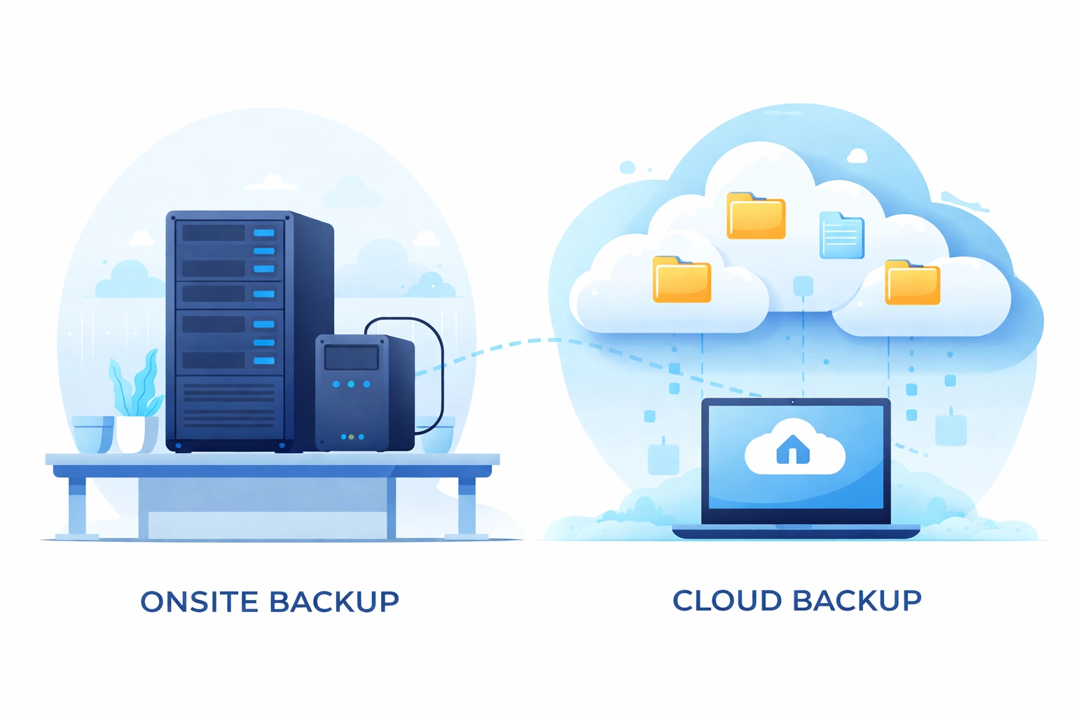 Side-by-side comparison of onsite and cloud backup solutions for secure business data protection