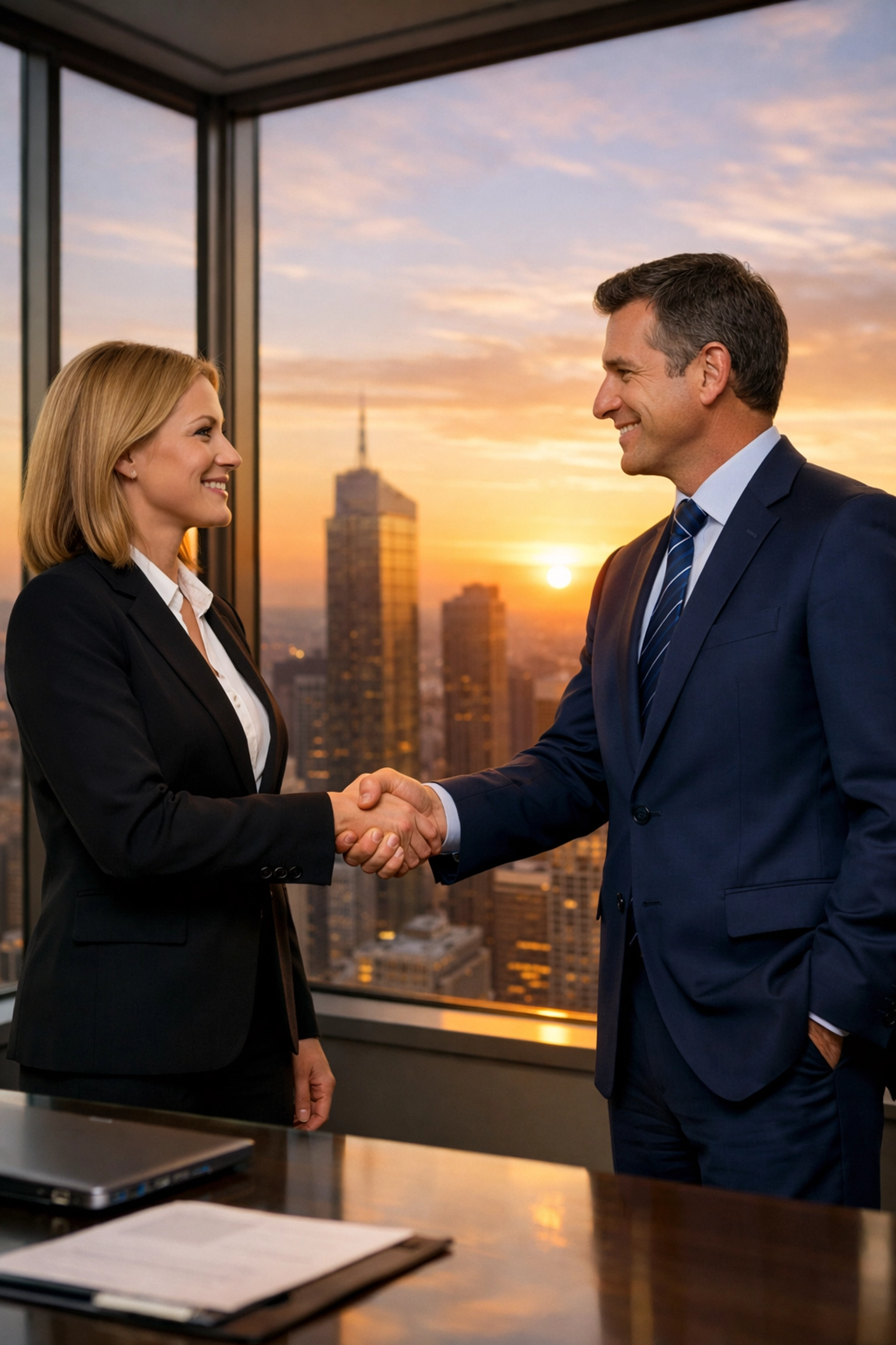 Business executives shaking hands in a high-rise office symbolizing successful ROI from a Super Bowl branding blitz.