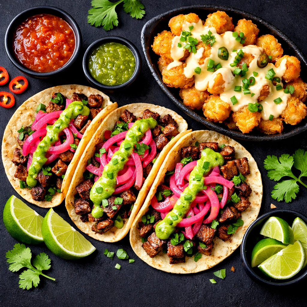 Variety of street food including carne asada tacos and tots from an SLC food truck menu.