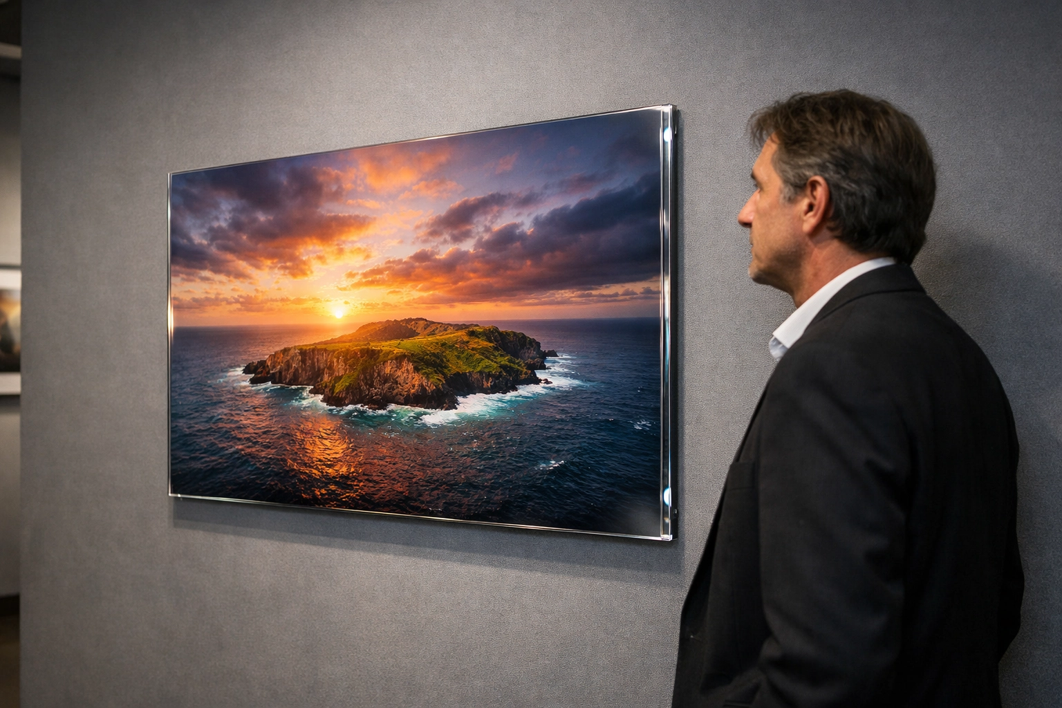 Art collector viewing a museum quality acrylic face-mounted print in a contemporary gallery setting.