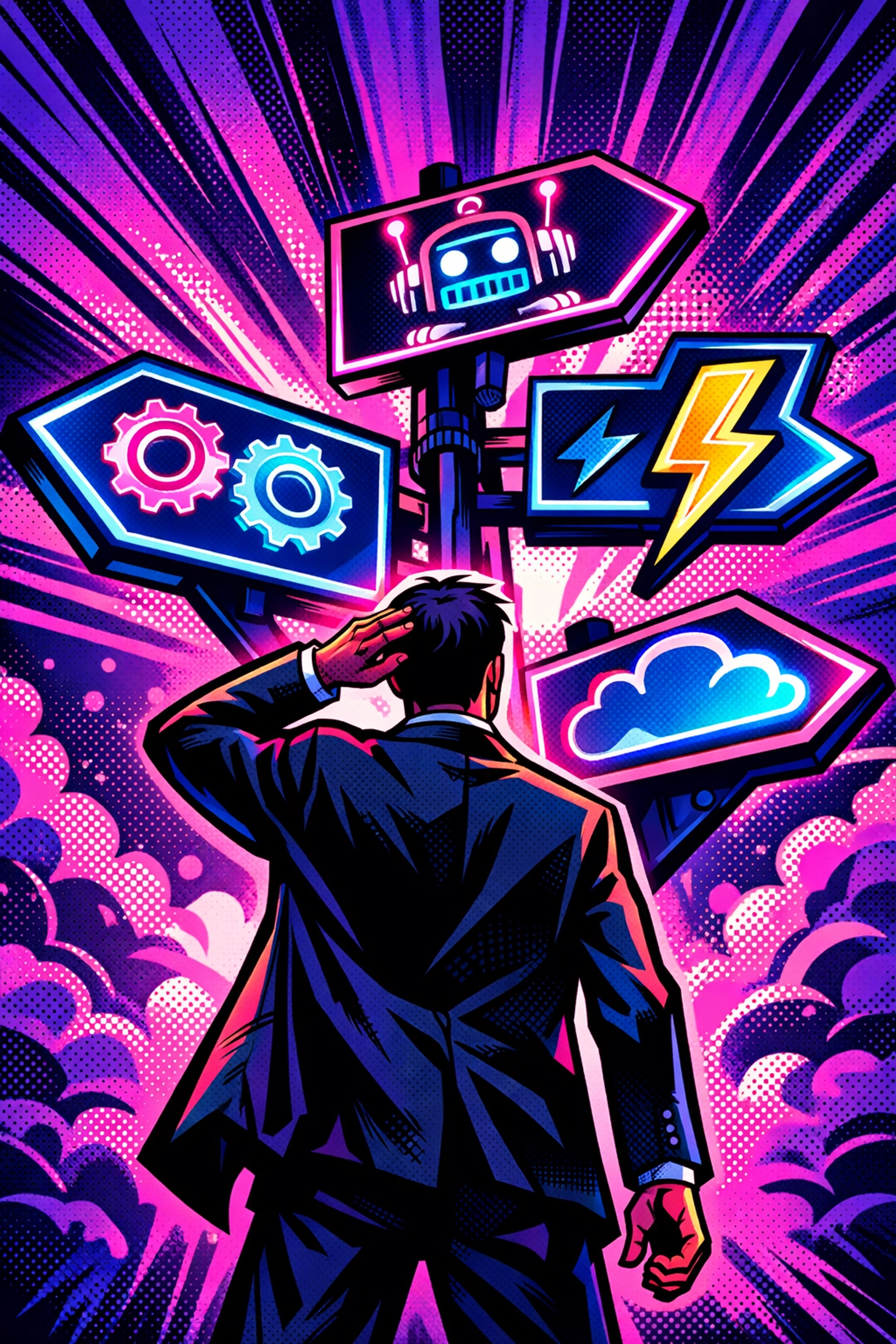 Business owner choosing between multiple AI automation tools and platforms