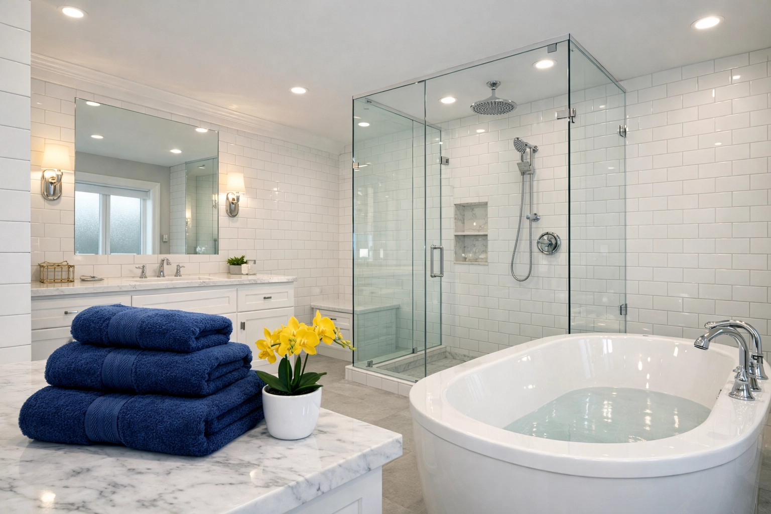 Luxury master bathroom with sparkling white tiles after a deep House Cleaning Shirley MA service.