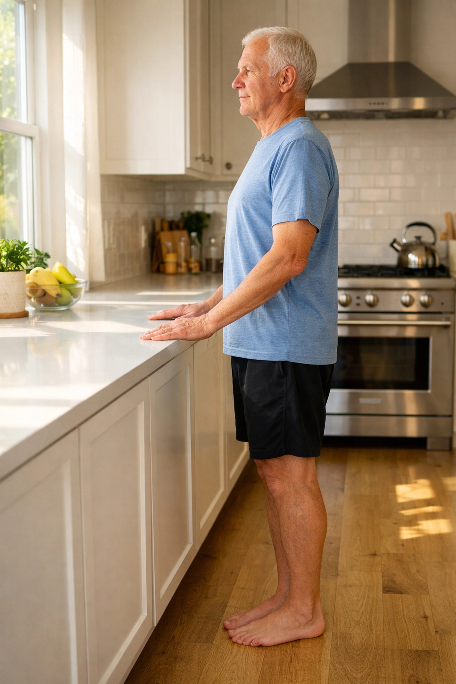 Senior man performing foundational balance exercises using a kitchen countertop for support.