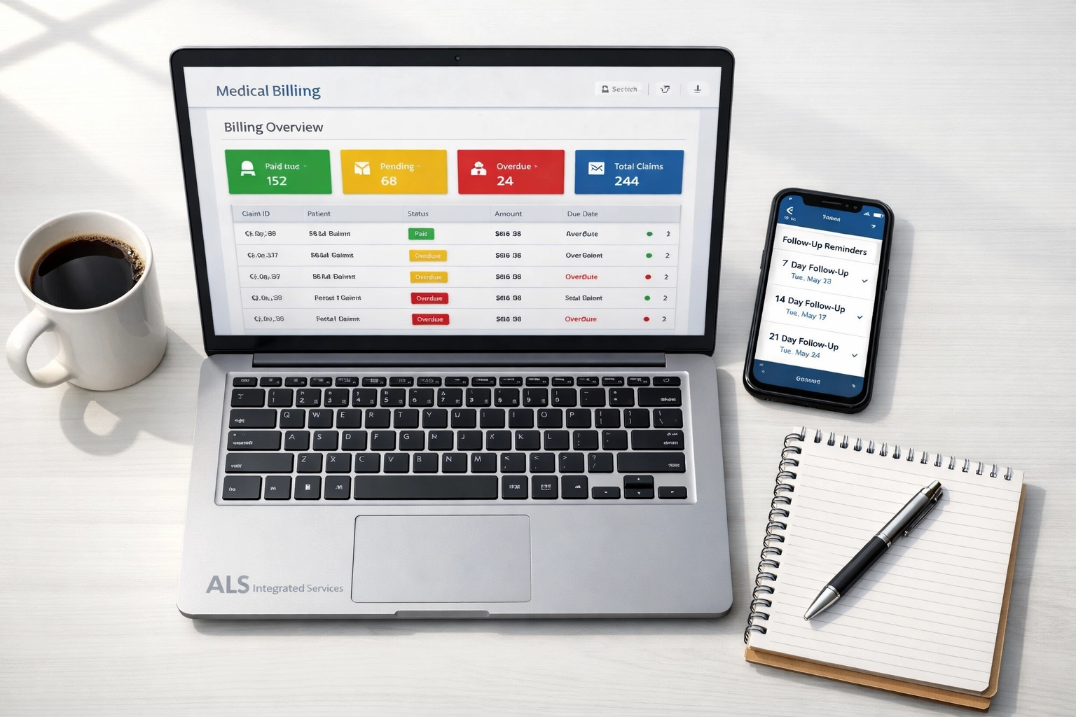 Stop the Cash-Flow Leak: A Simple A/R Follow-Up System That Gets Claims Paid (Without Working Nights) Medical billing dashboard showing 7, 14, and 21-day A/R follow-up calendar reminders for claims management