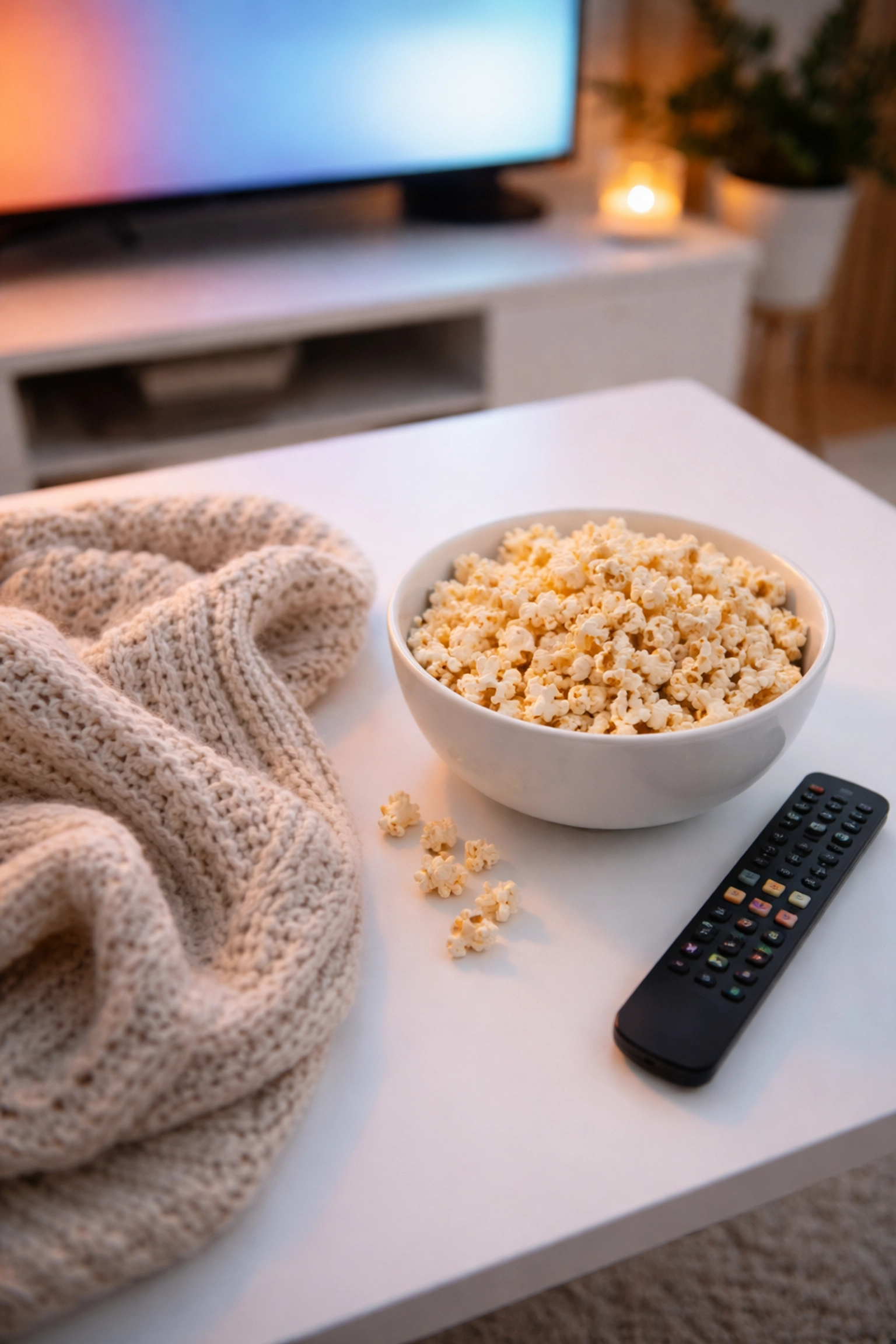Cozy family movie night setup with popcorn, perfect for watching Freakier Friday together