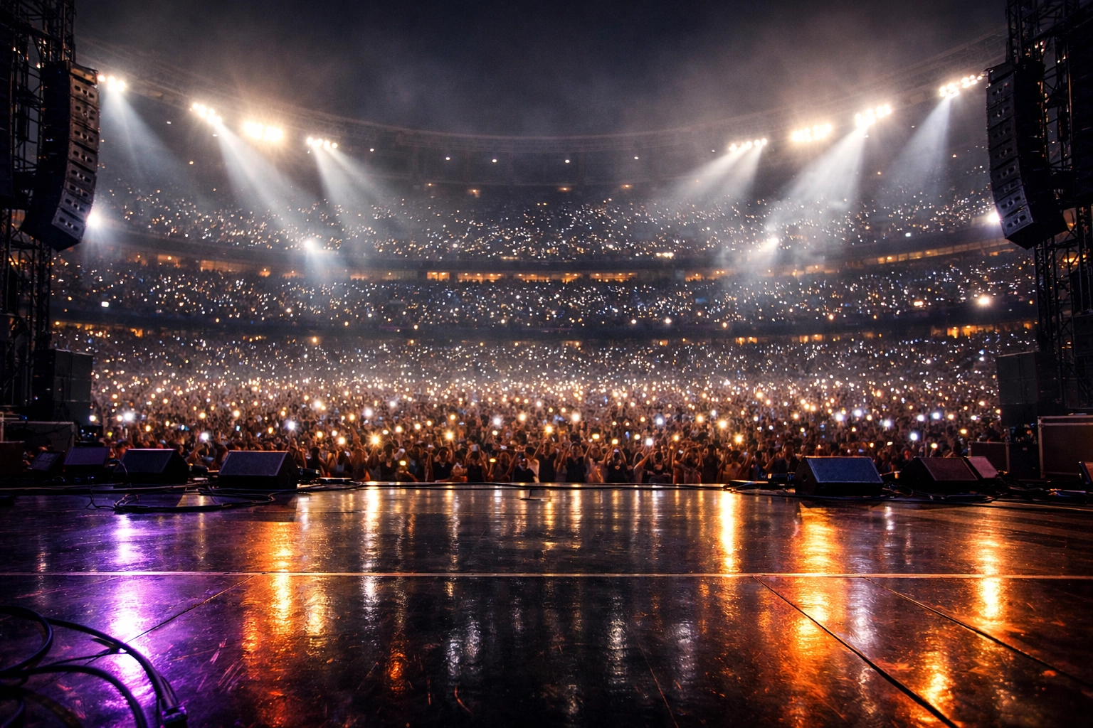 A professional athlete dominating a massive stadium stage under lights to build brand authenticity.