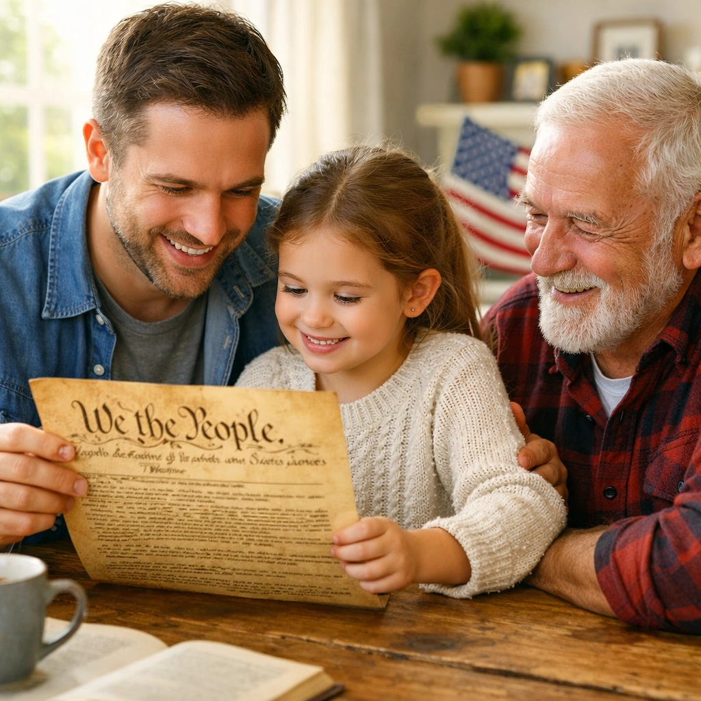 The Ultimate Guide to Civic Education: Everything You Need to Raise an Informed Citizen A family reading the U.S. Constitution together to learn about American history and civic duty.