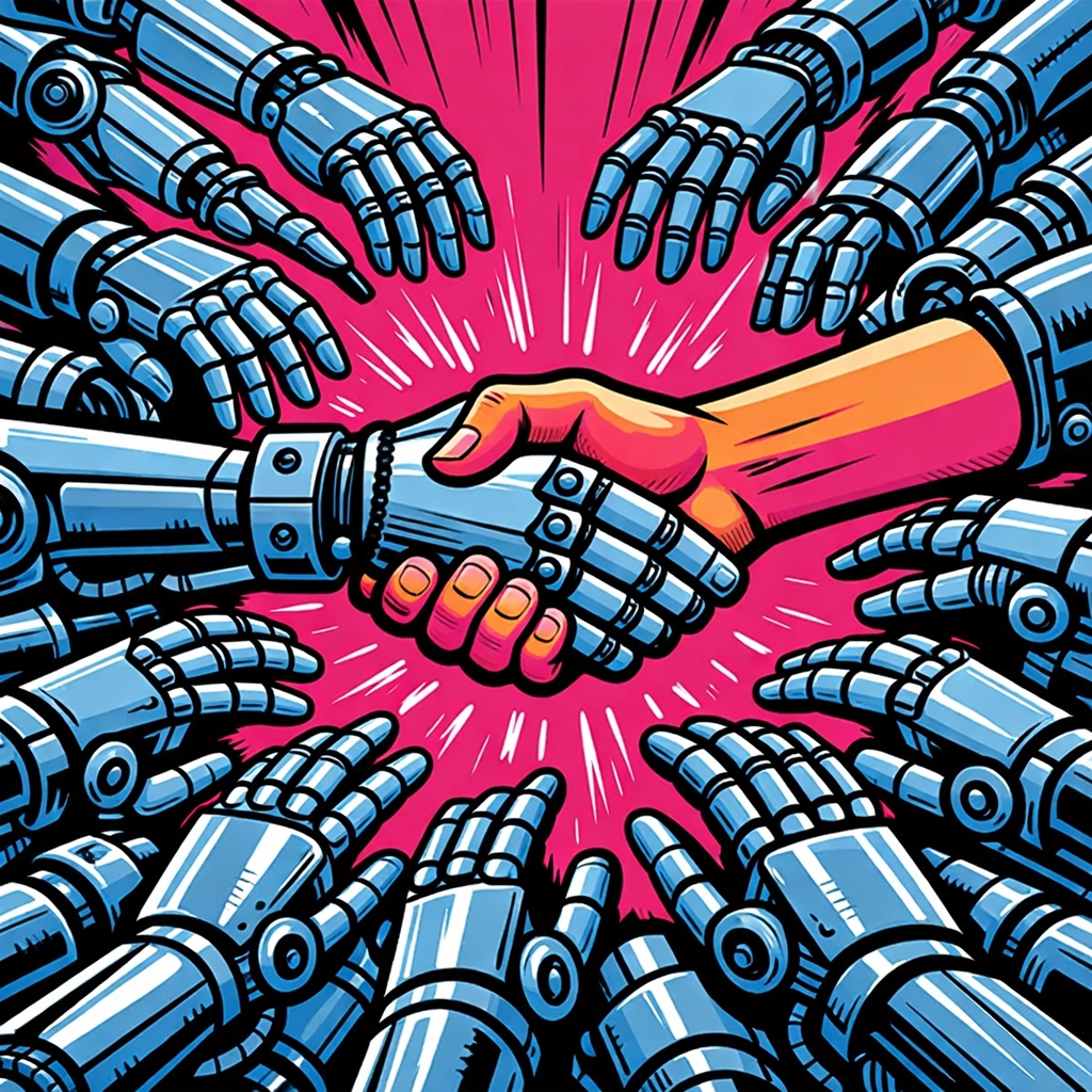 A human handshake emerging from robot arms highlighting personal connection in ai business automation.