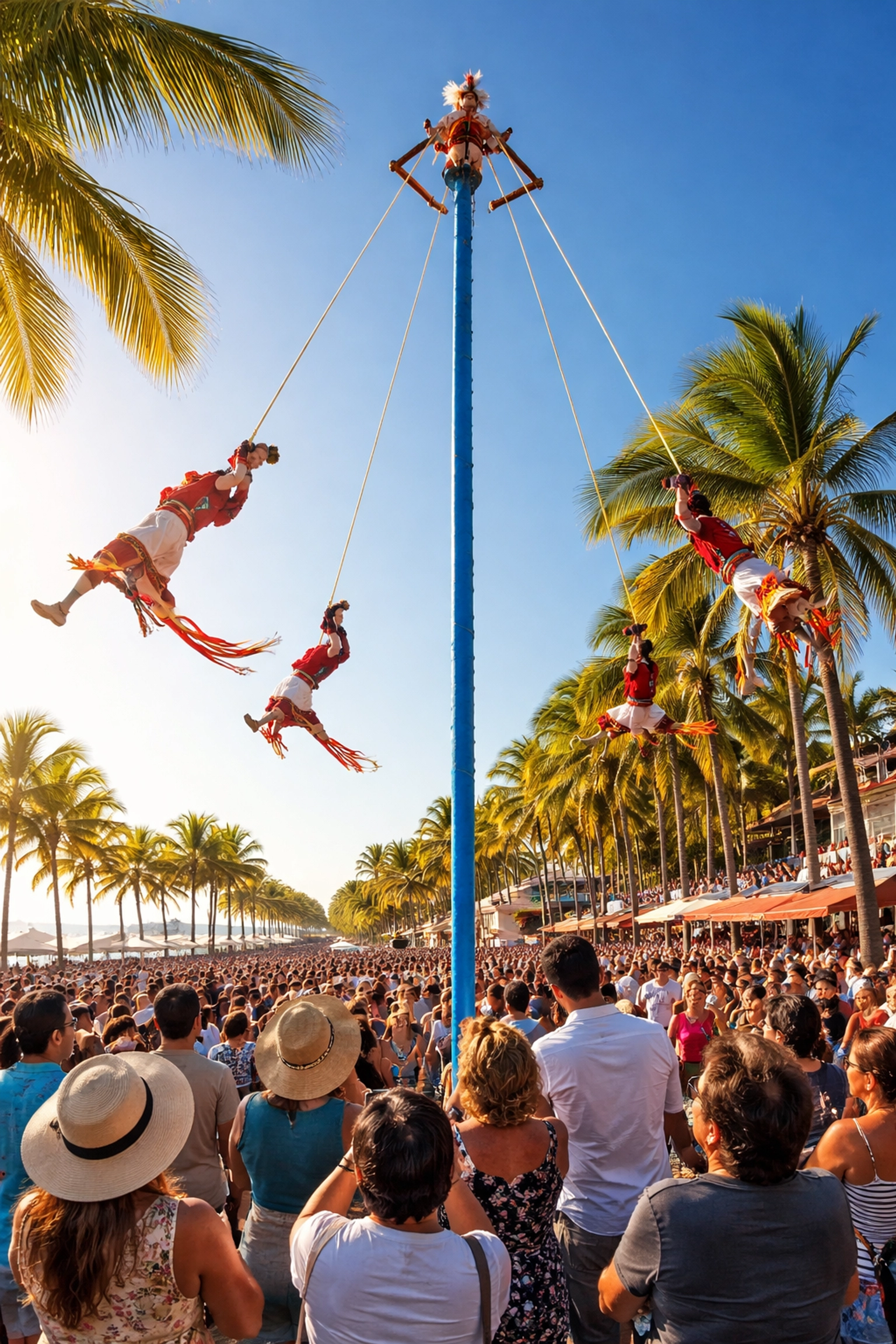 Danza de Los Voladores performers spinning down a tall pole above the Malecon in Puerto Vallarta
