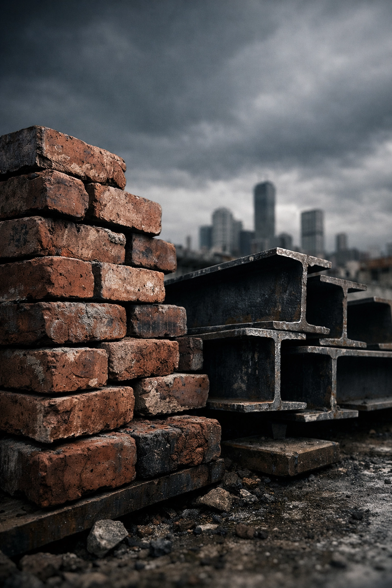 Bricks and steel beams at a residential construction site illustrating the slowdown in housing starts.
