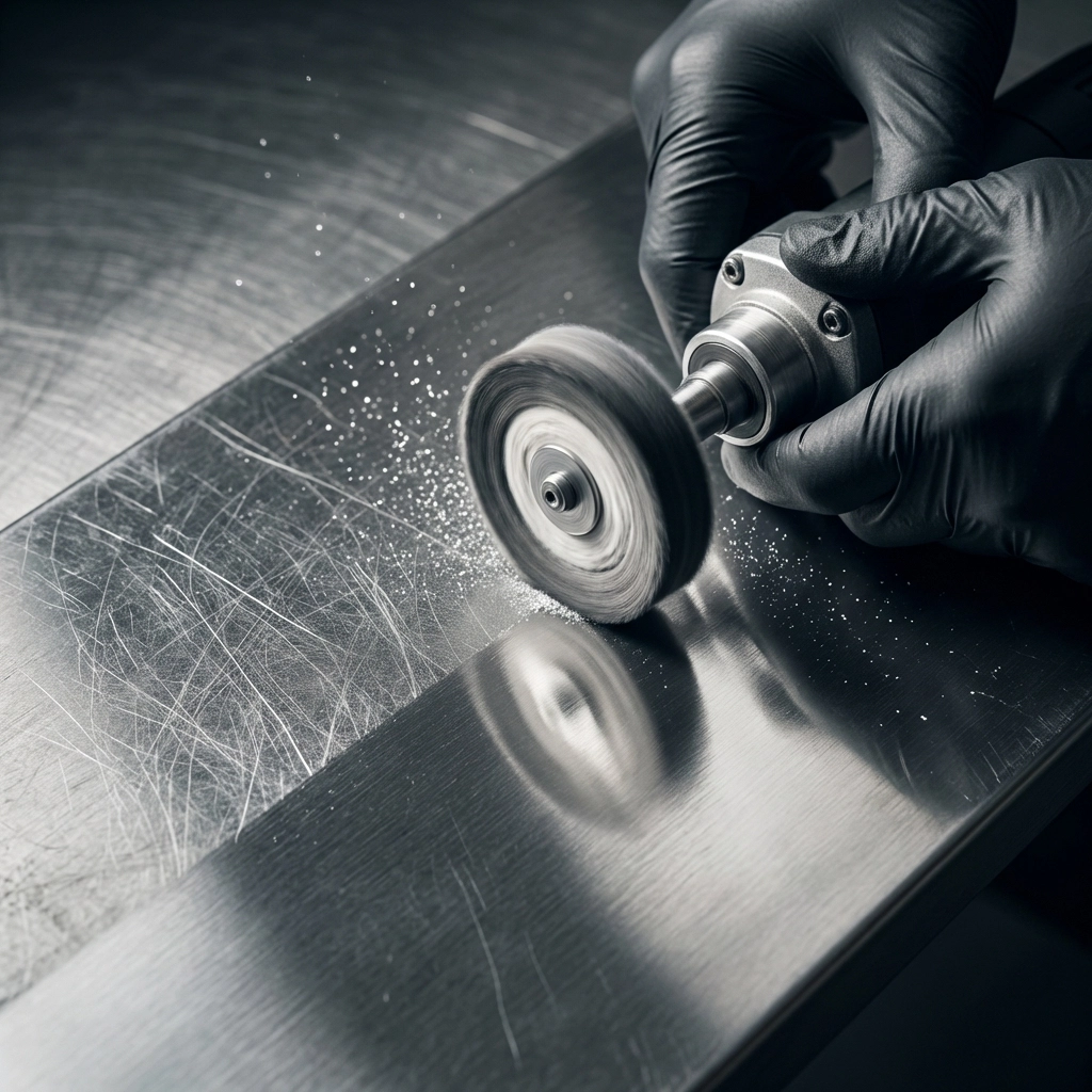 Restoration specialist buffing scratched stainless steel surface, demonstrating transformation to flawless mirror finish