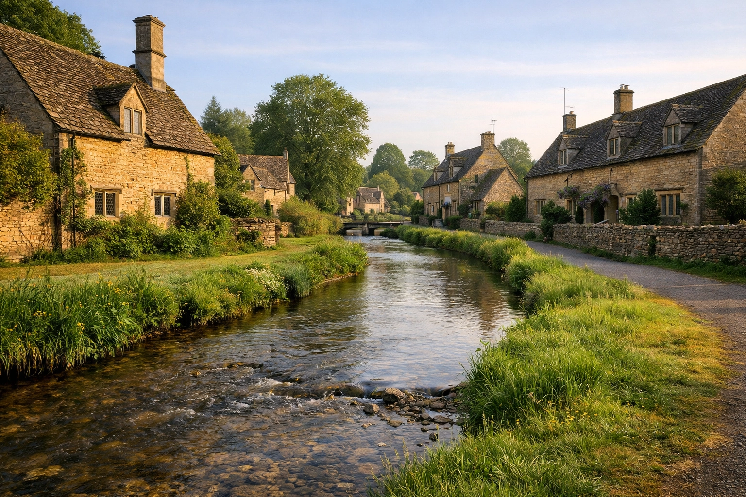 The River Eye flows past honey-colored stone cottages in the peaceful village of Upper Slaughter.