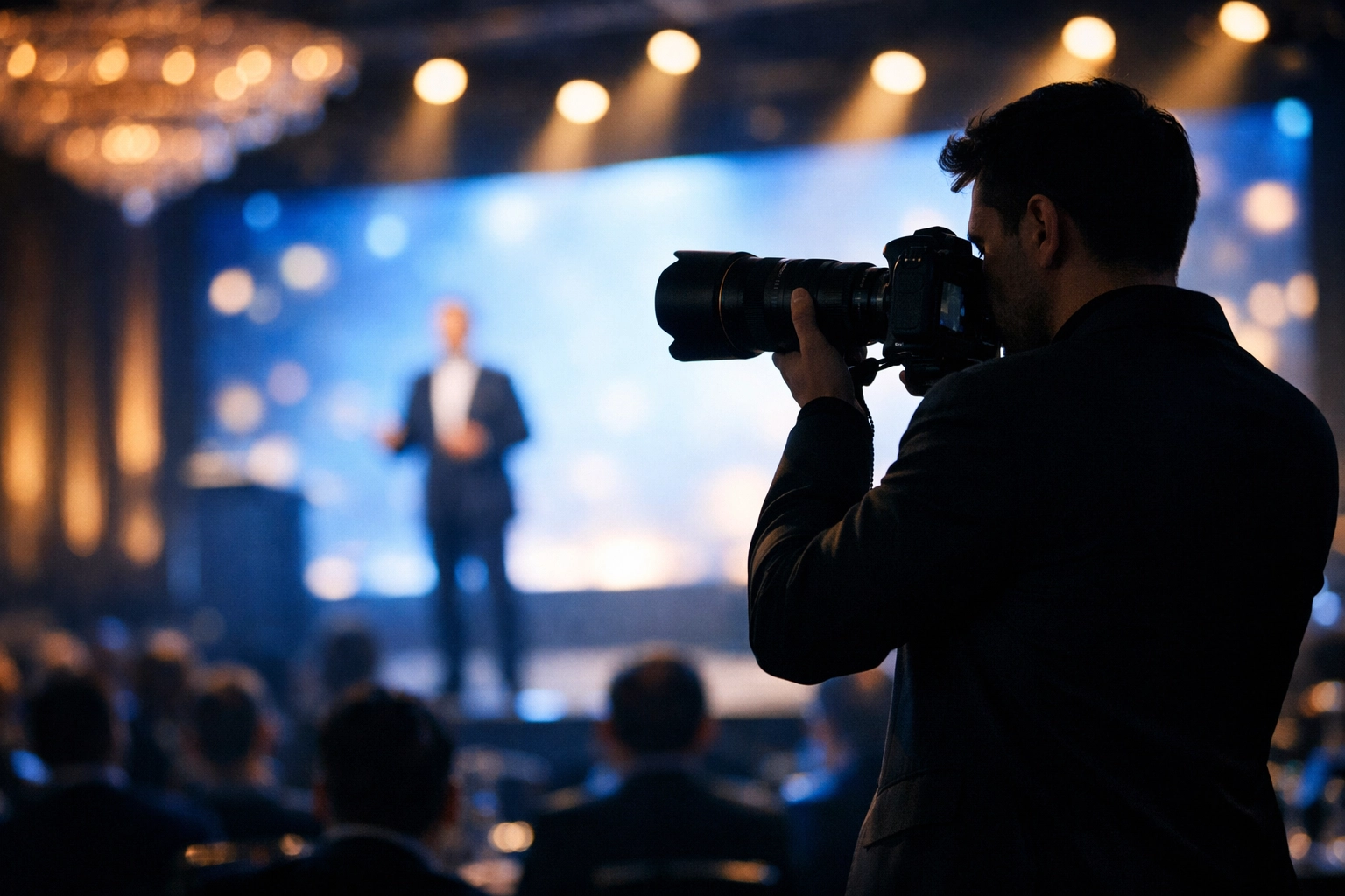 Professional event photographer capturing a keynote speaker at a corporate photography services event in NYC.