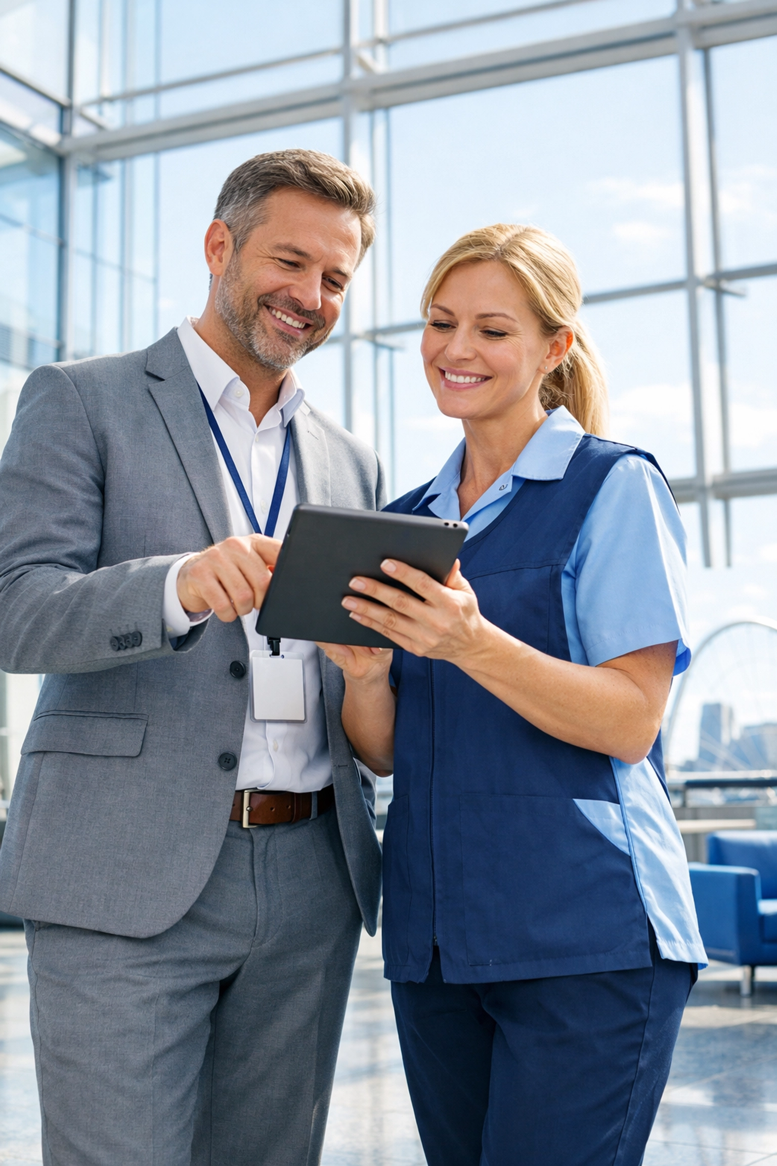 Facilities manager and cleaning consultant discussing a contract in a clean Glasgow office lobby.