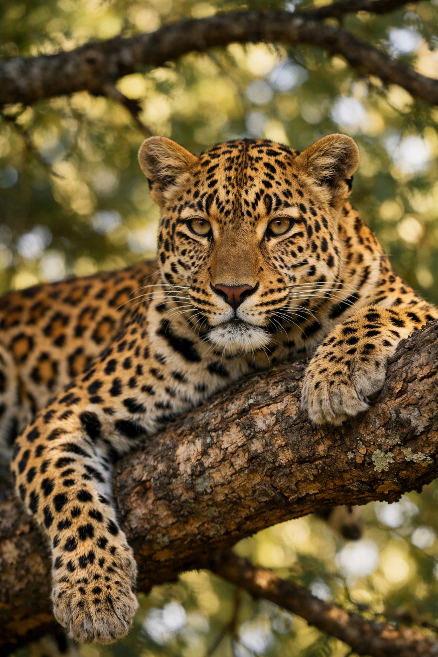 Detailed close-up of a leopard on an acacia branch, showcasing high-quality composition for wildlife photography.