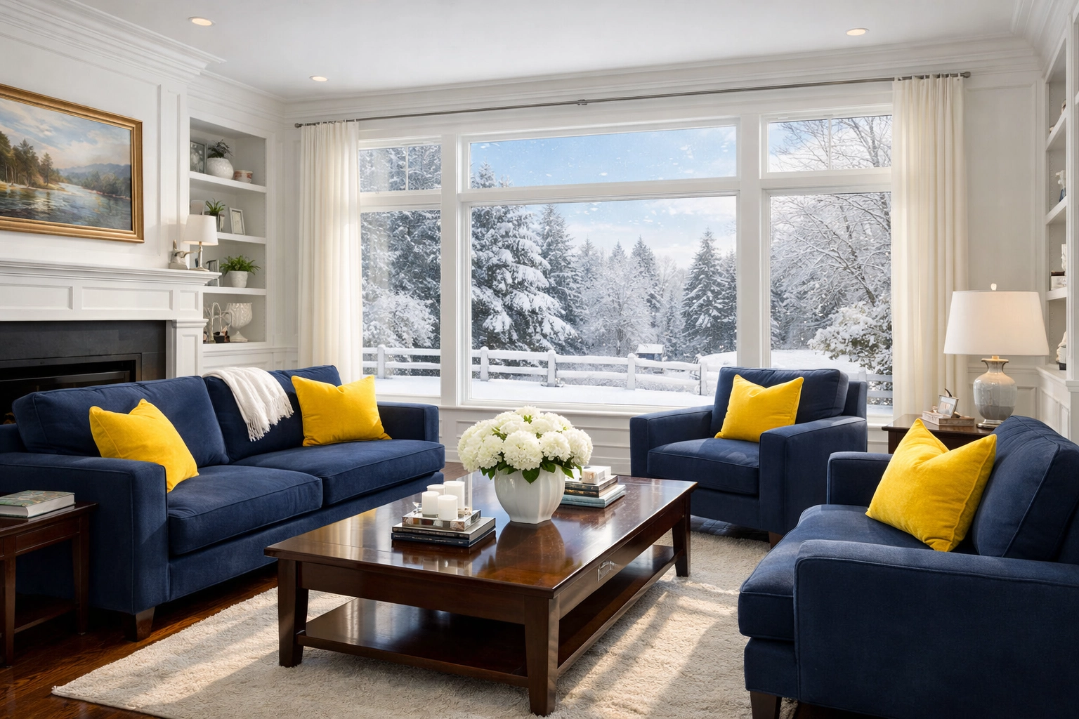Clean New England living room showing high indoor air quality for visiting holiday guests.
