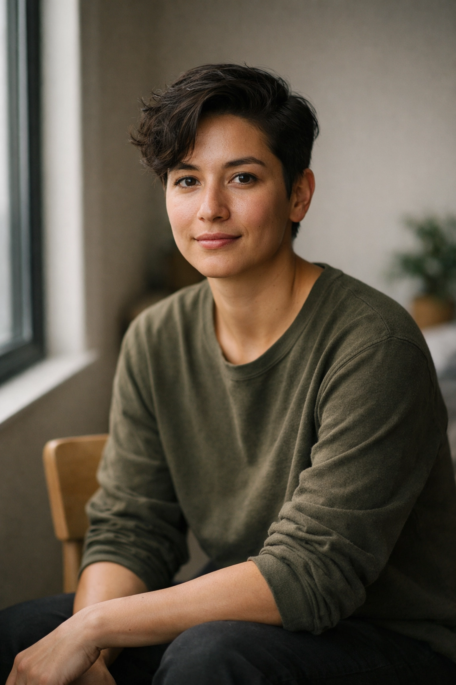 Natural window light used for Rembrandt lighting in portrait photography techniques.