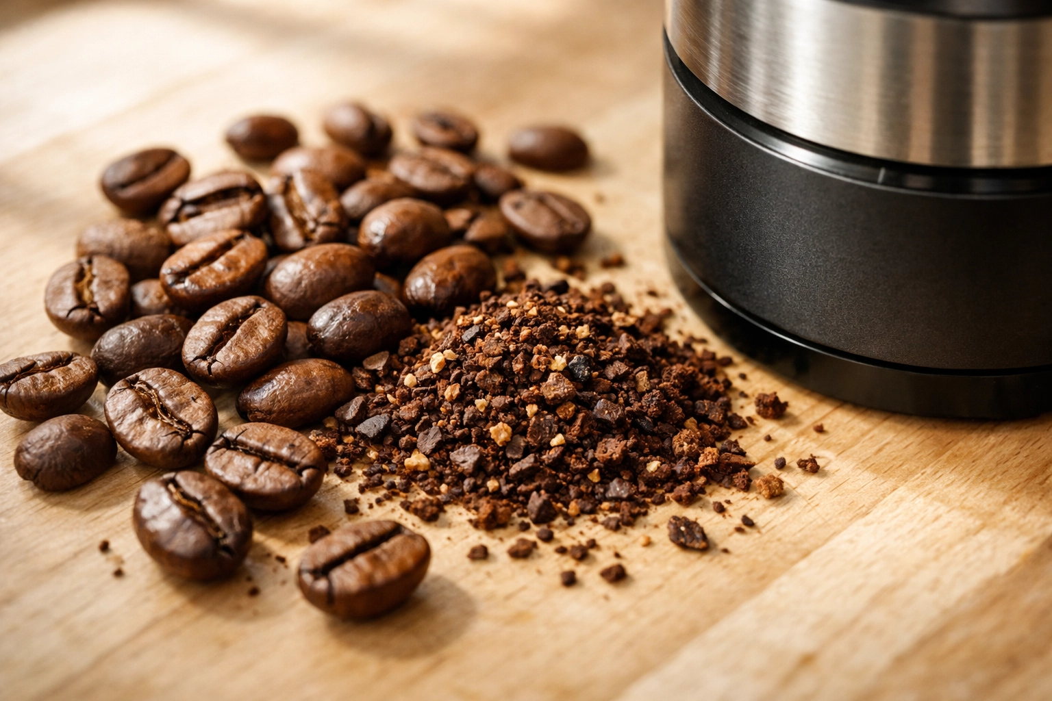Fresh coffee beans and burr grinder showing proper grind size for pour-over