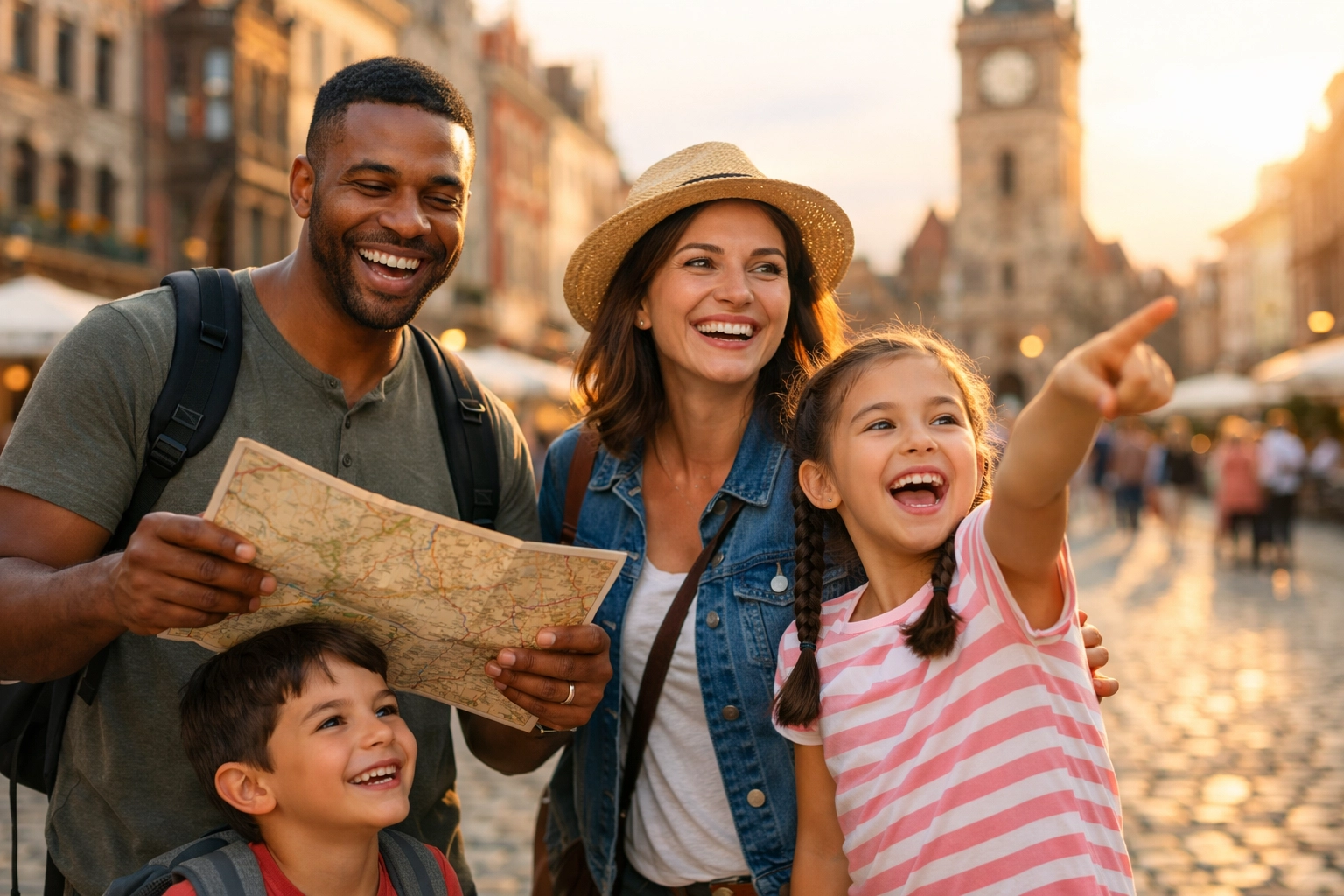 Family exploring a European plaza with a map, a fun activity for a stress-free family vacation.
