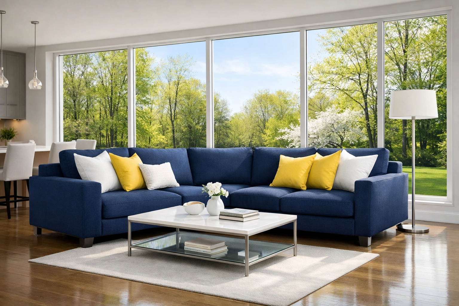 Bright Natick living room with dust-free baseboards and clean floors after a spring home refresh.