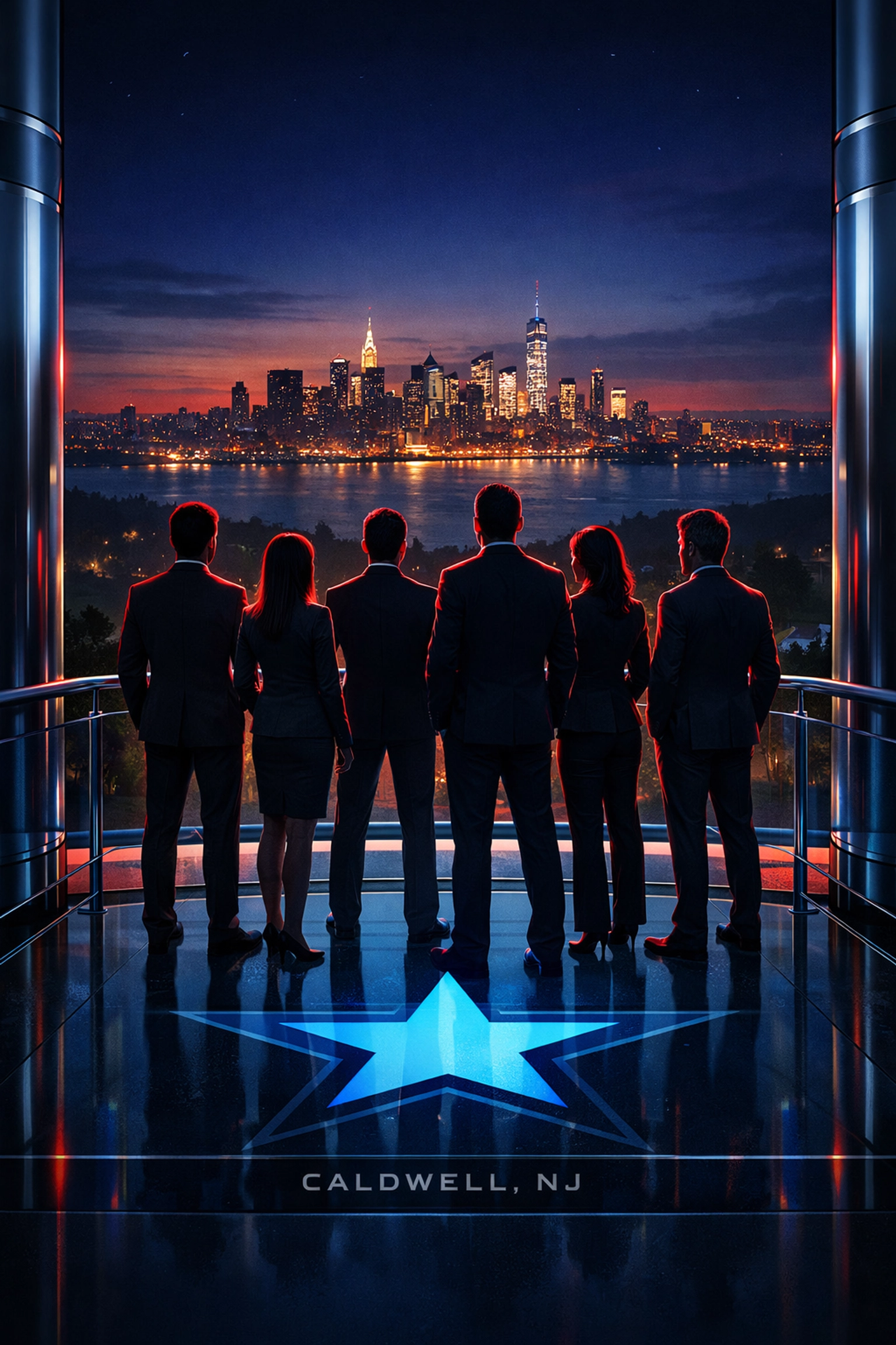 Security professionals on a NJ balcony overlooking NYC representing a mission-driven career at Proactive Risk.