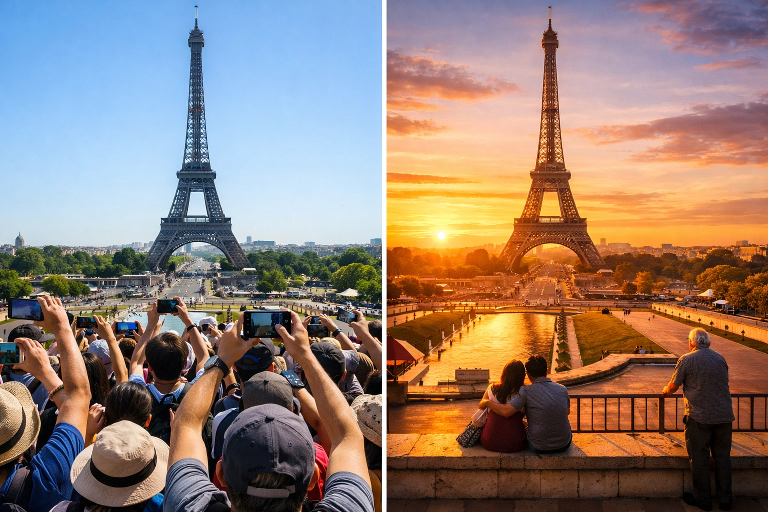 Crowded tourist attraction versus peaceful experience showing importance of timing and planning