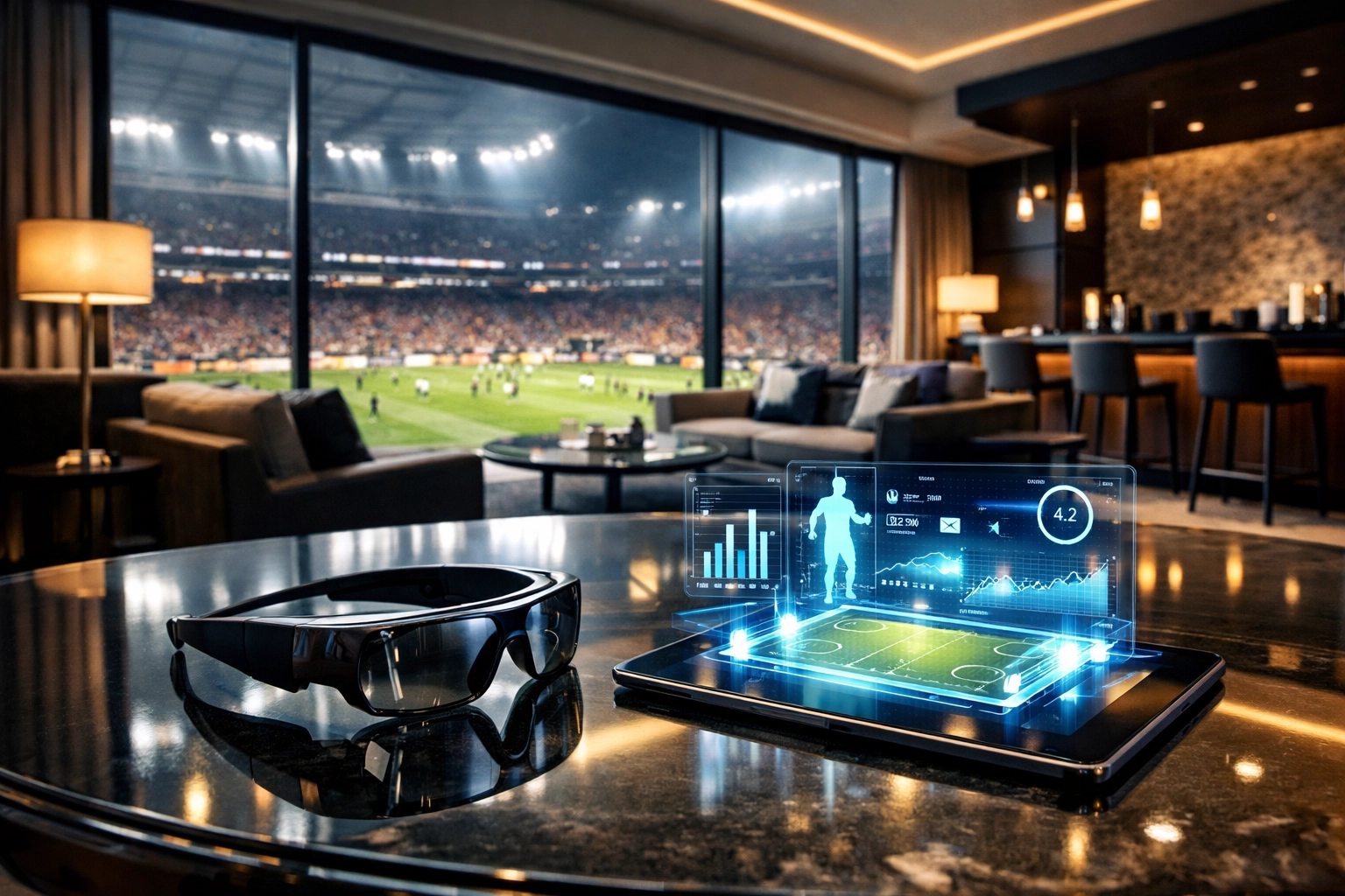 Executive hospitality suite with AR technology and Super Bowl stadium view