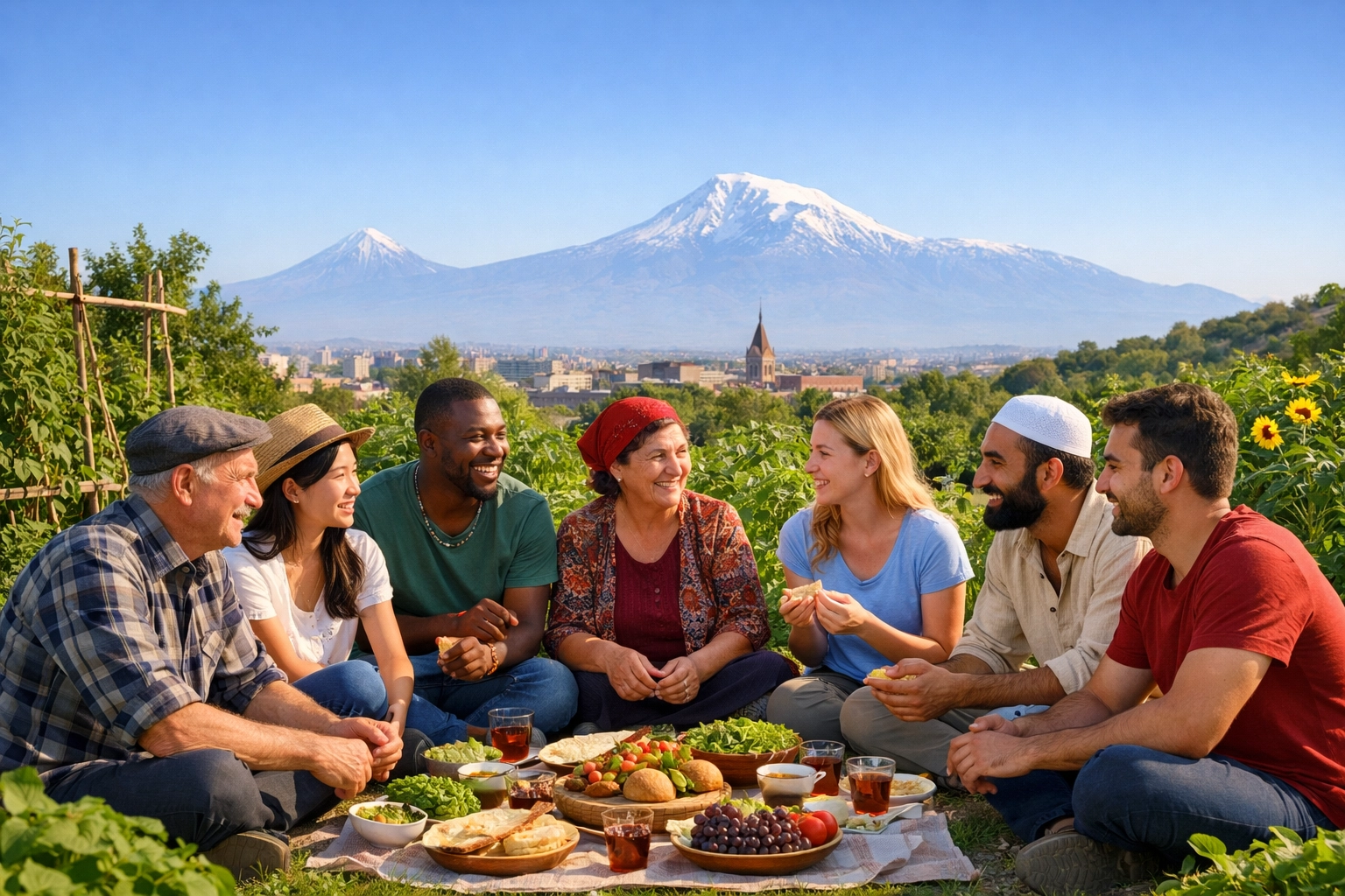 Diverse group sharing a hopeful meal in a Yerevan community garden with views of Mount Ararat.