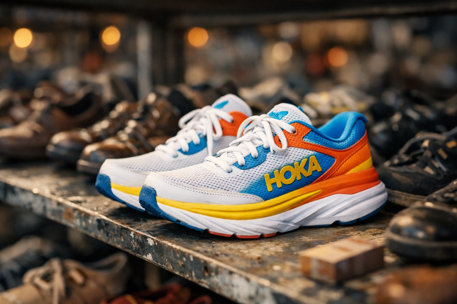 Vibrant Hoka Bondi sneakers found on a thrift store shelf for a high-profit resale flip.