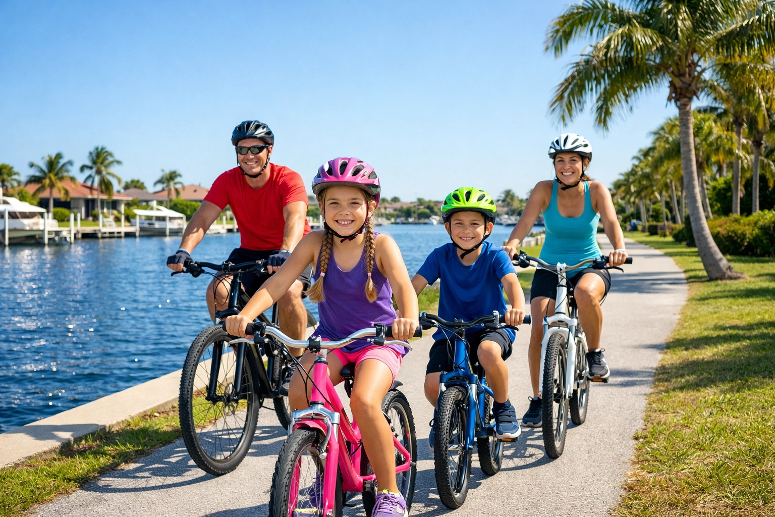 Family riding bikes on a paved waterfront trail next to a canal and palm trees in Cape Coral Florida.