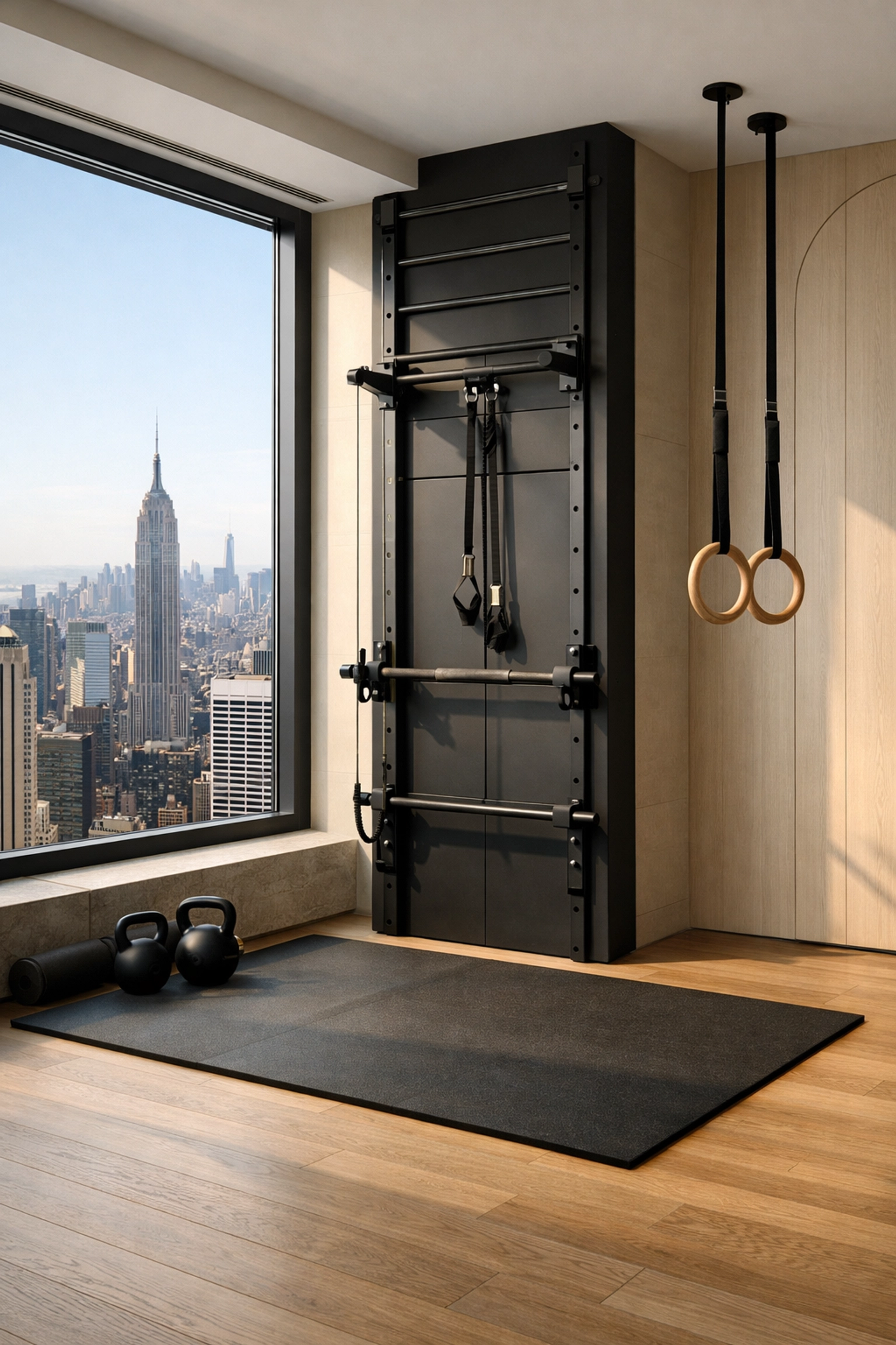 A sleek no wall damage workout system integrated into modern home gym equipment.
