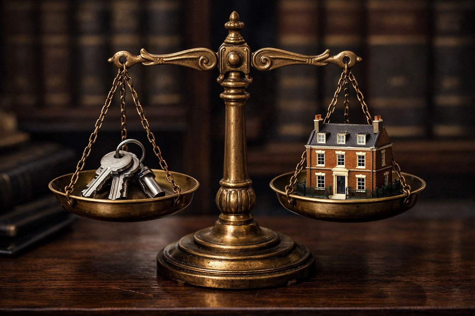 Balanced scales with keys and a house model showing realistic pricing to sell property at auction.