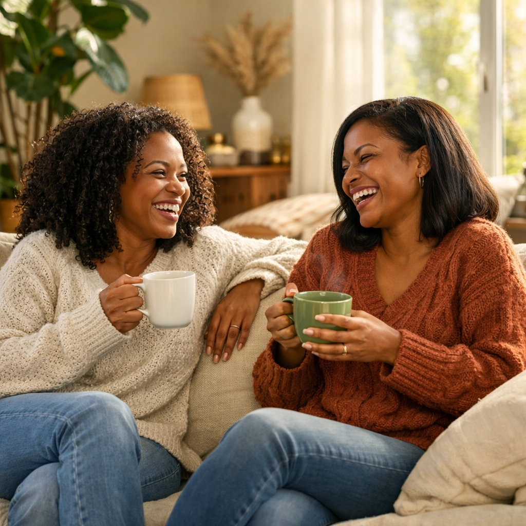Two Black women feeling secure in a New Jersey apartment, representing the stability renters insurance provides.