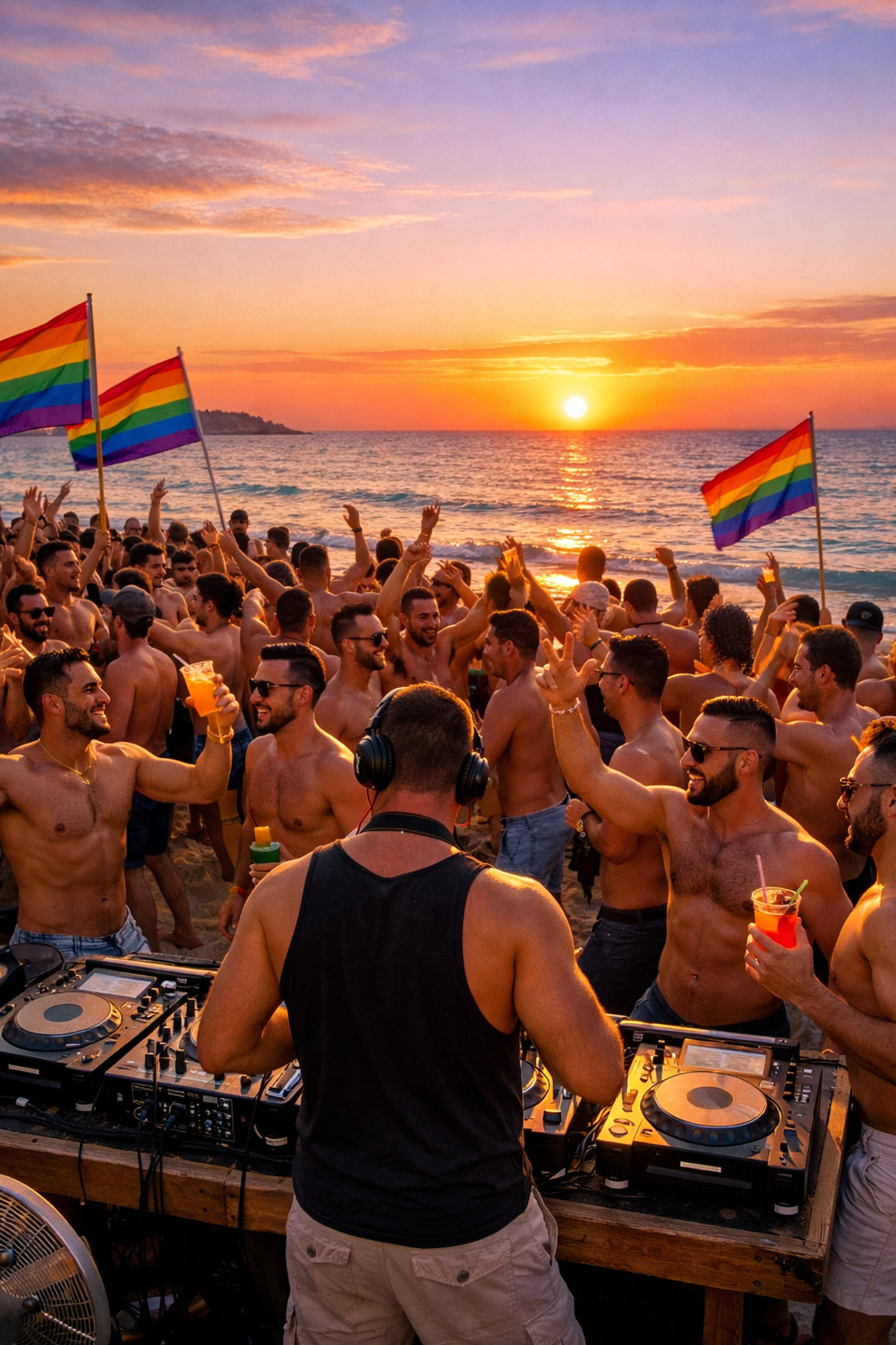 Gay beachfront party at sunset in Tel Aviv with dancers and rainbow flags along Mediterranean shore