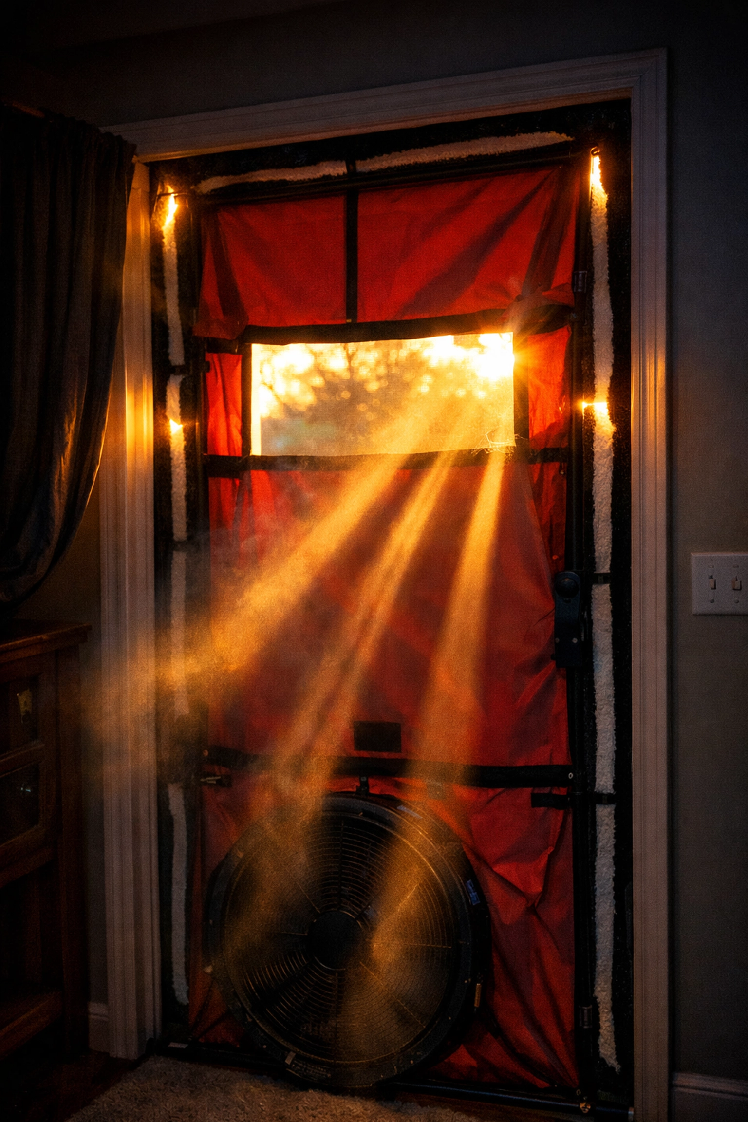 Blower door frame with visible air leakage gaps during envelope testing