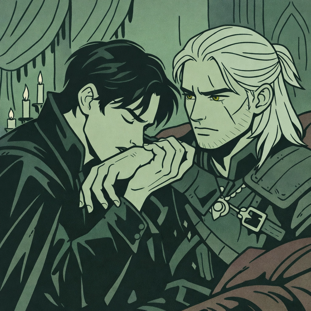 Vampire feeding from witcher's wrist in Gothic chamber - gay paranormal romance scene