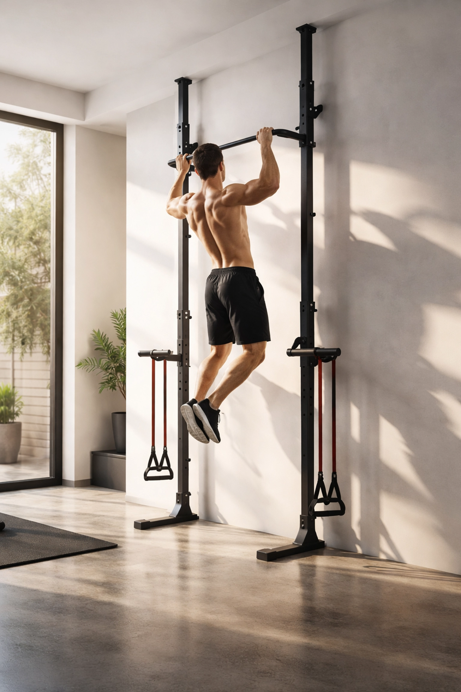 Athlete performing a pull-up on a floor-to-ceiling mounted rail system, ideal calisthenics equipment for versatile home gyms.