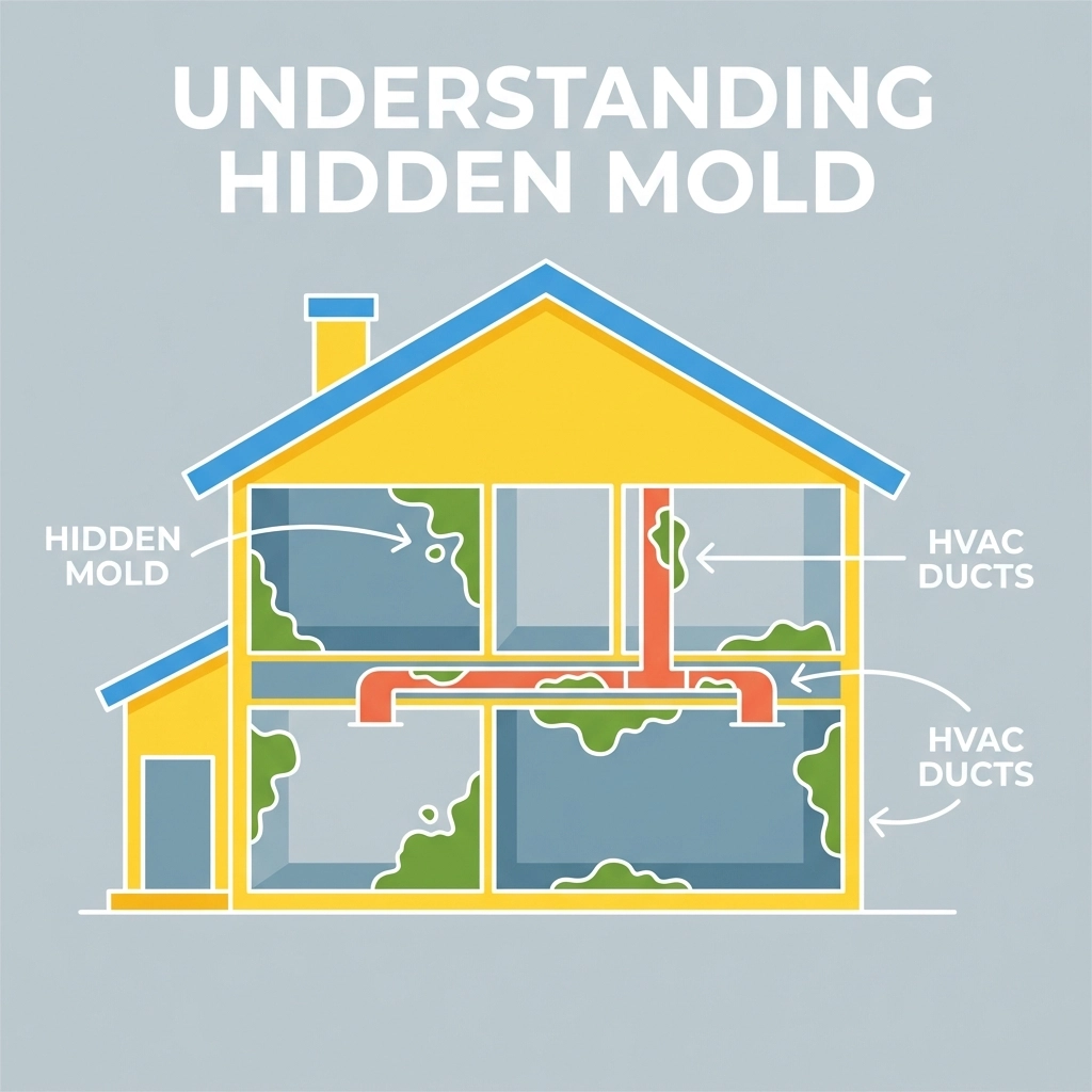 Illustration of hidden mold inside walls and HVAC ducts in a house during mold inspection