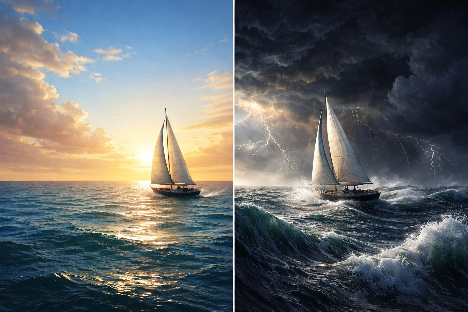 A sailboat under sunny and stormy skies representing market stability versus volatility in investment portfolios.