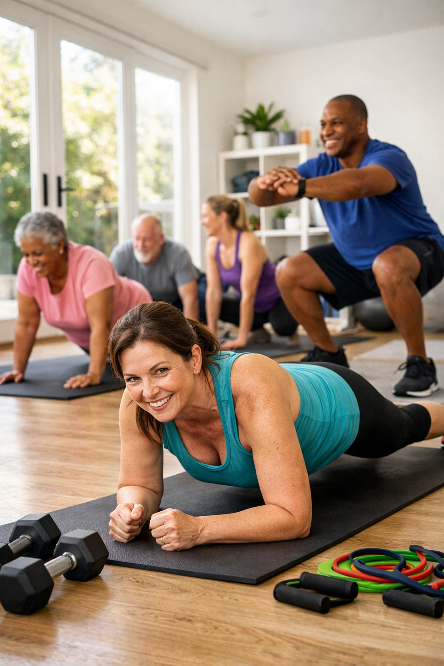 People doing strength training exercises at home while on GLP-1 medications like Wegovy