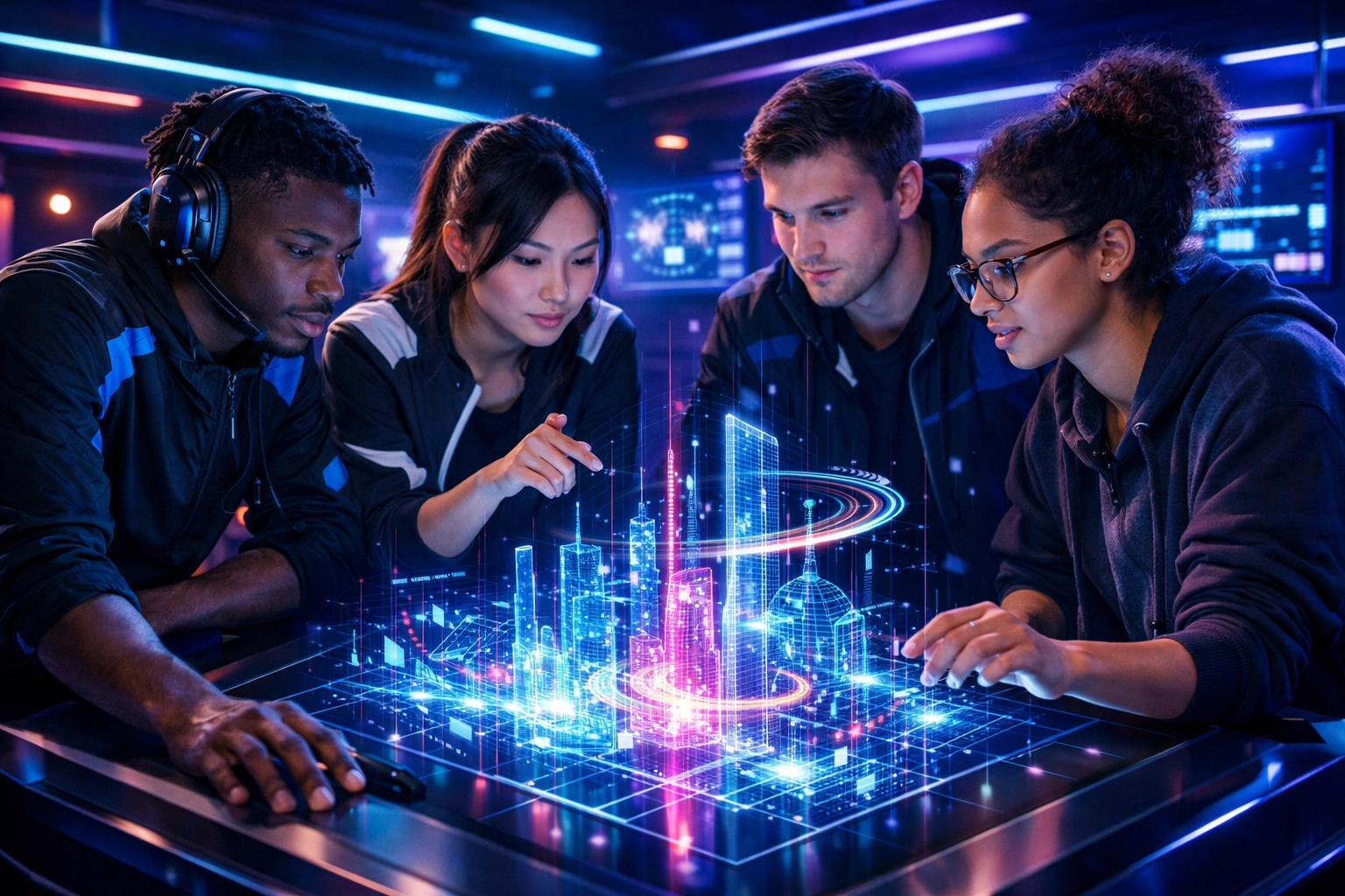 High school students collaborating on digital simulations in a branded esports education lab.