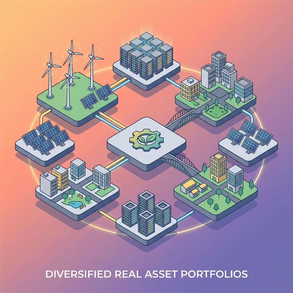 Circular arrangement of modern infrastructure assets visualizing diversification in real asset investing