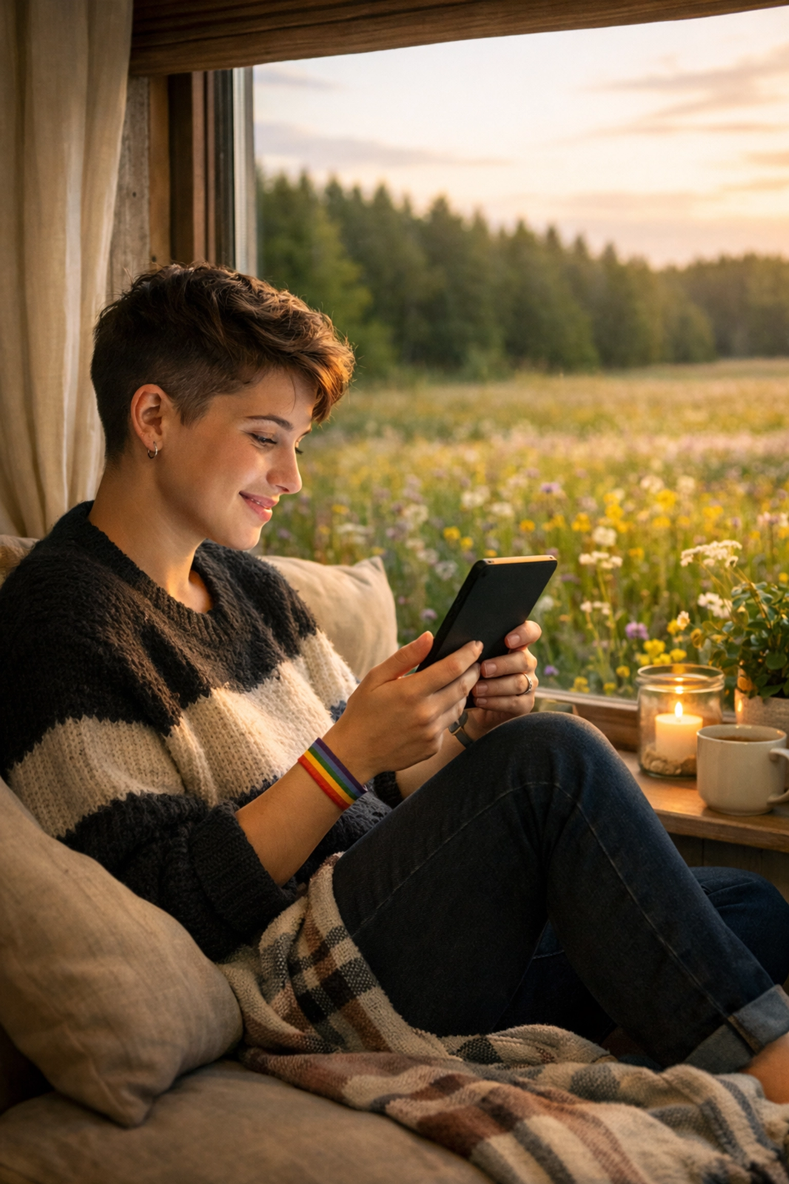 Reading LGBTQ+ ebooks in a rural window nook, staying connected through the Read with pride community.