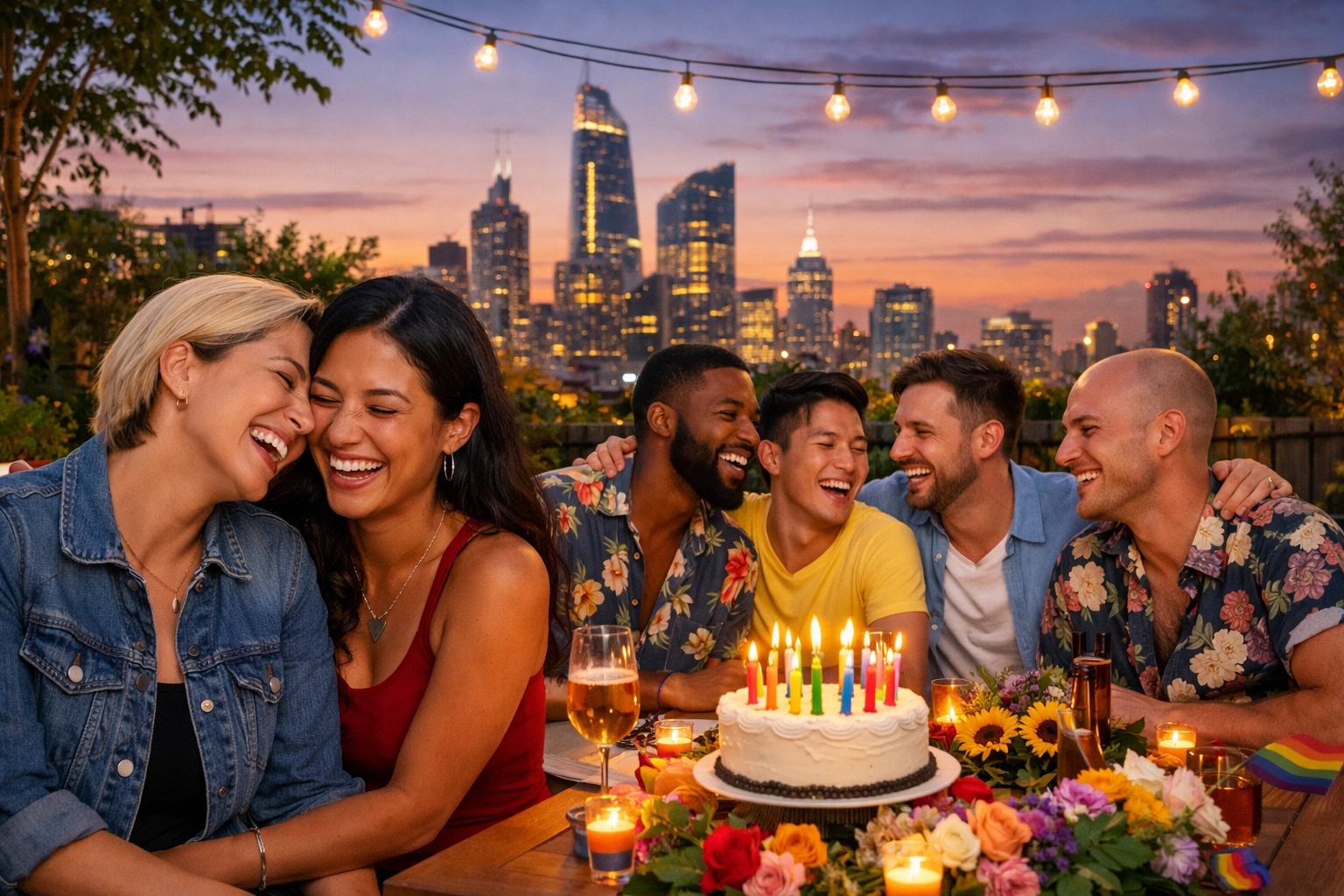 A diverse LGBTQ+ chosen family celebrating together on a rooftop garden, showcasing community and queer joy.